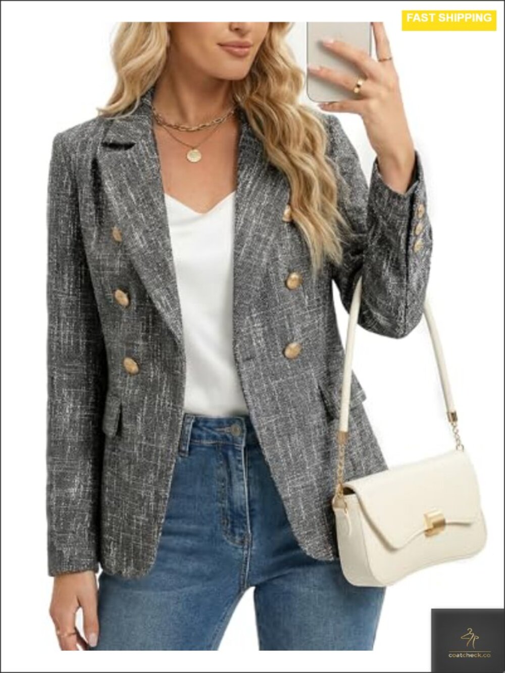 CiviRina Women's Double Breasted Tweed Blazer Long Sleeve Notch Lapel Work